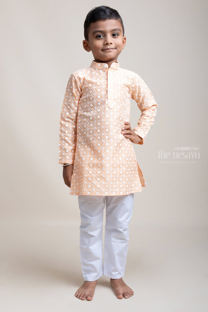 The Nesavu Boys Kurtha Set Light Salmon Embroidered Kurta And Comfy White Pants For Baby Boys psr silks Nesavu 16 (1Y) / Orange / Silk Blend BES253A