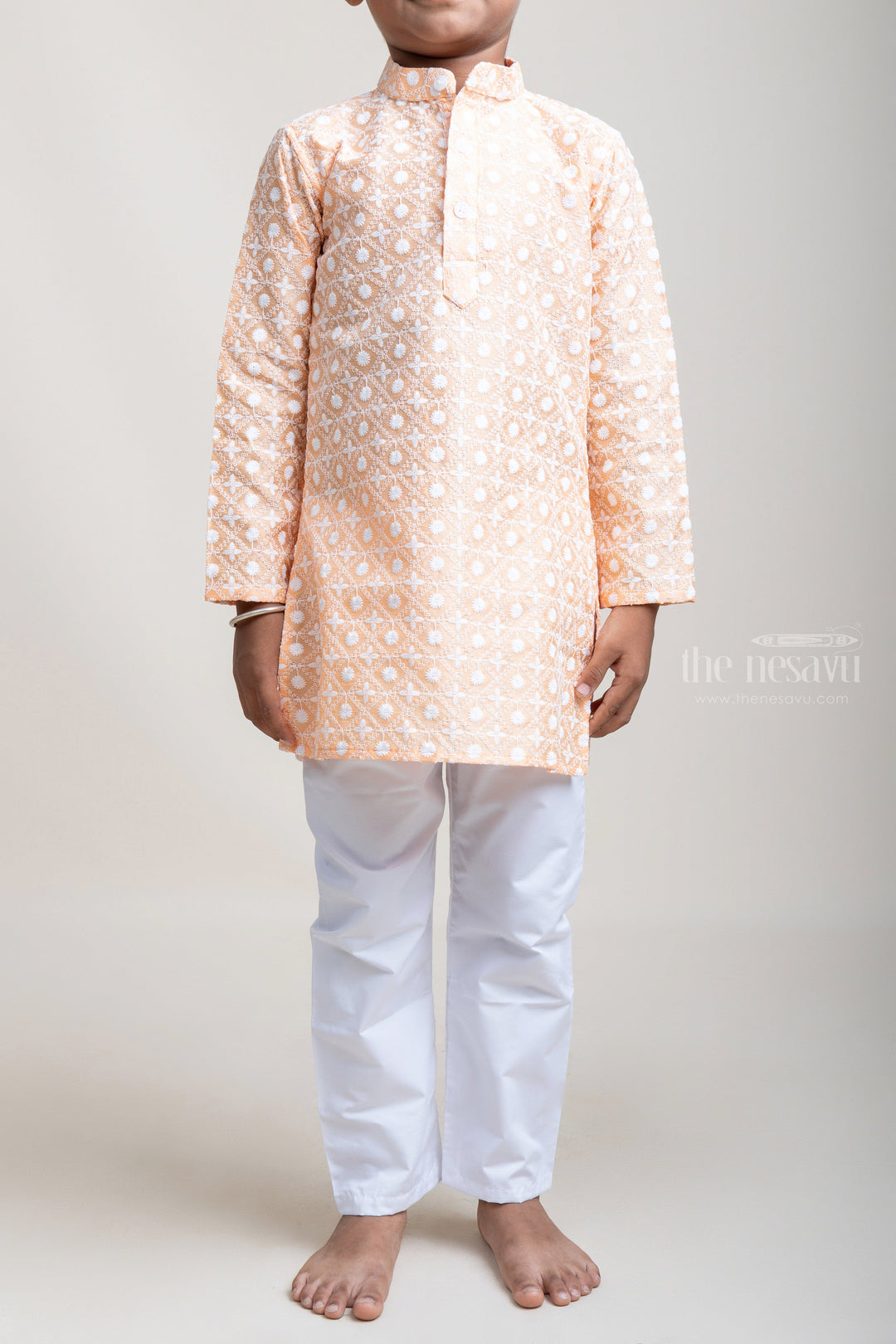 The Nesavu Boys Kurtha Set Light Salmon Embroidered Kurta And Comfy White Pants For Baby Boys psr silks Nesavu