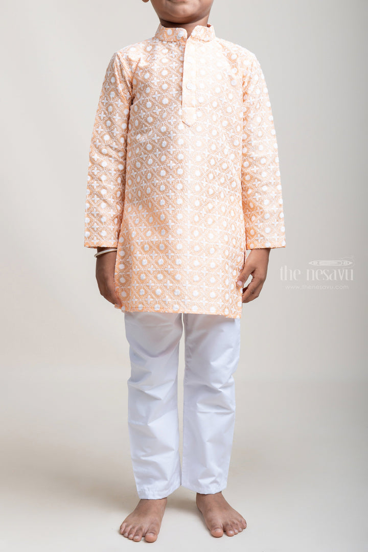 The Nesavu Boys Kurtha Set Light Salmon Embroidered Kurta And Comfy White Pants For Baby Boys psr silks Nesavu