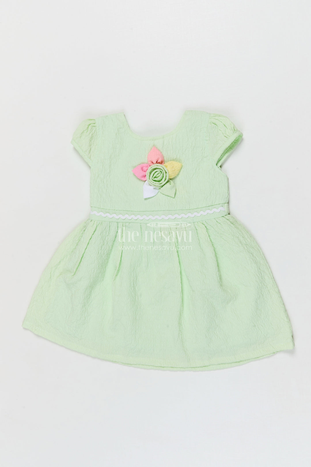 The Nesavu Girls Cotton Frock Lightweight Cotton Frock for Baby Girls' Everyday Moments Nesavu 14 (6M) / Green / Cotton BFJ918C-14 Nesavu seersucker baby frock with pastel flower detail and puff sleeves for everyday comfort