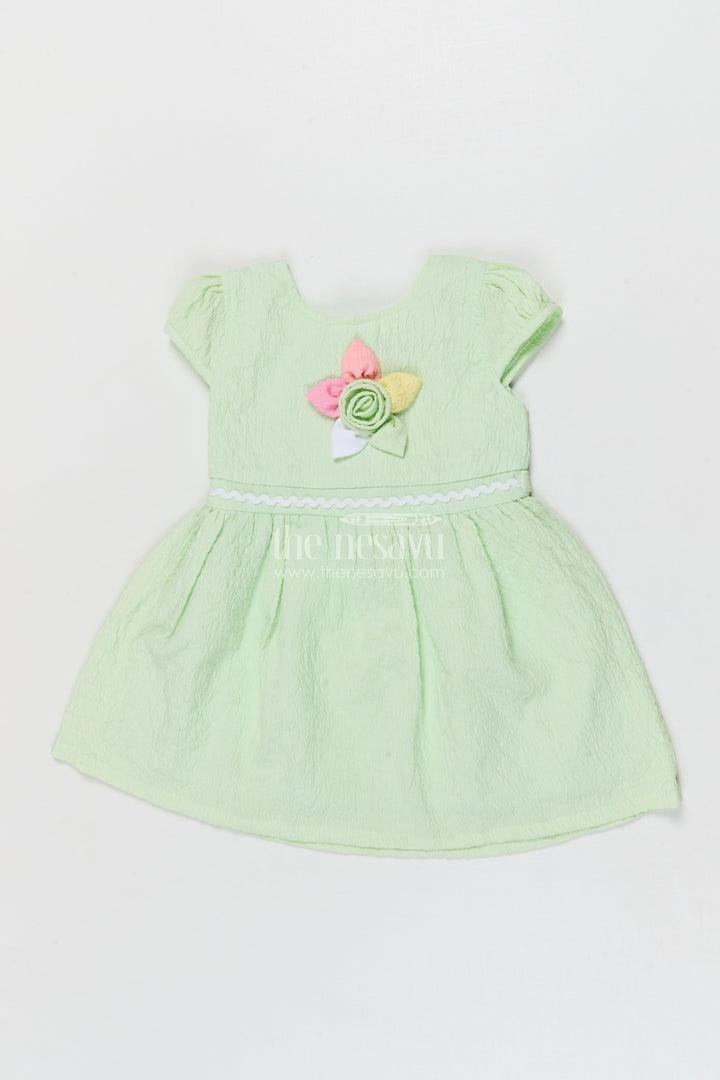 The Nesavu Girls Cotton Frock Lightweight Cotton Frock for Baby Girls' Everyday Moments Nesavu 14 (6M) / Green / Cotton BFJ918C-14 Nesavu seersucker baby frock with pastel flower detail and puff sleeves for everyday comfort