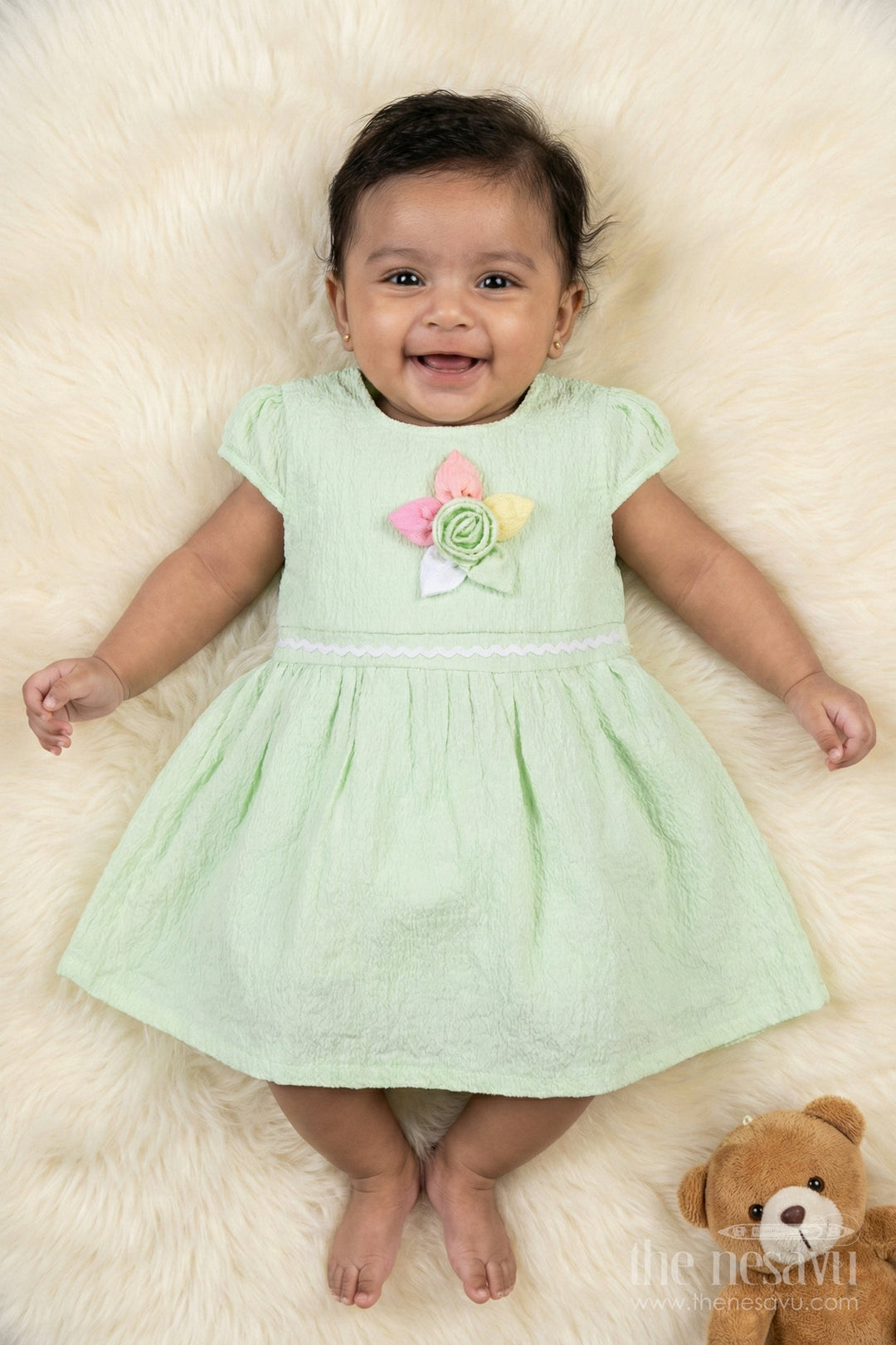 The Nesavu Girls Cotton Frock Lightweight Cotton Frock for Baby Girls' Everyday Moments Nesavu 14 (6M) / Green / Cotton BFJ918C-14 Nesavu seersucker baby frock with pastel flower detail and puff sleeves for everyday comfort