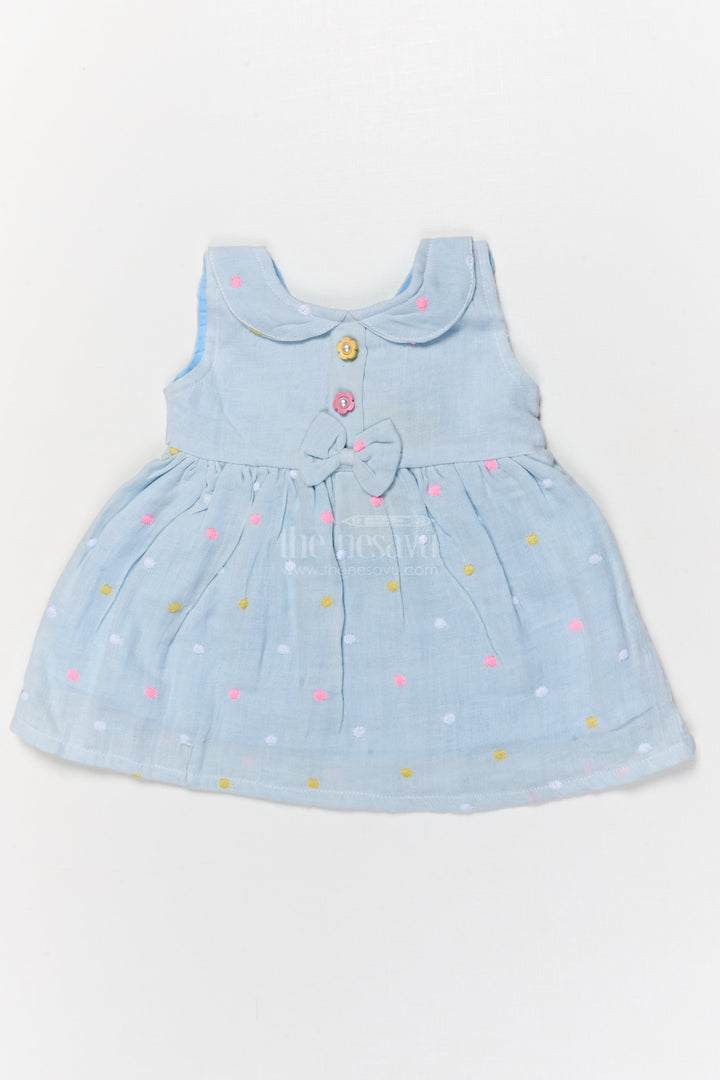The Nesavu Baby Cotton Frocks Lightweight Muslin Cotton Frock with Polka Embroidery and Bow Detail Nesavu 14 (6M) / Blue / Cotton Blend BFJ912C-14 Nesavu breathable muslin frock with bow and polka embroidery for baby girls