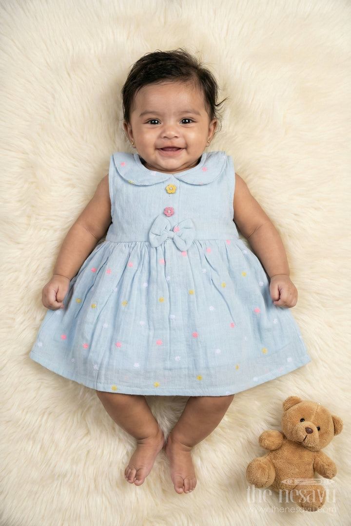 The Nesavu Baby Cotton Frocks Lightweight Muslin Cotton Frock with Polka Embroidery and Bow Detail Nesavu 14 (6M) / Blue / Cotton Blend BFJ912C-14 Nesavu breathable muslin frock with bow and polka embroidery for baby girls