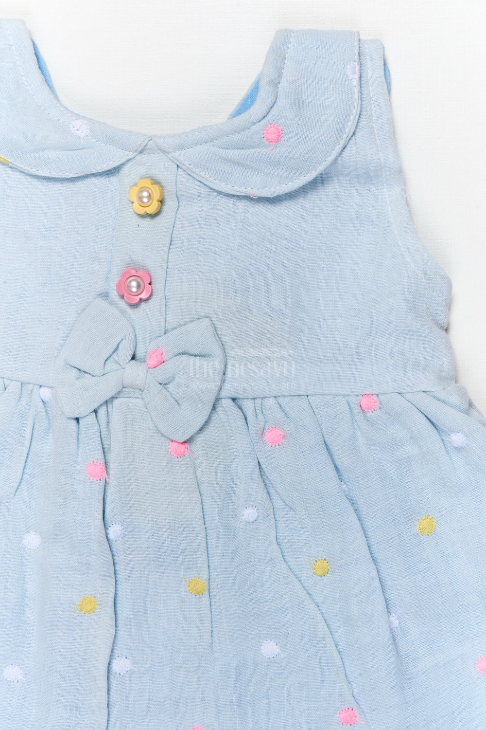 The Nesavu Baby Cotton Frocks Lightweight Muslin Cotton Frock with Polka Embroidery and Bow Detail Nesavu Nesavu breathable muslin frock with bow and polka embroidery for baby girls