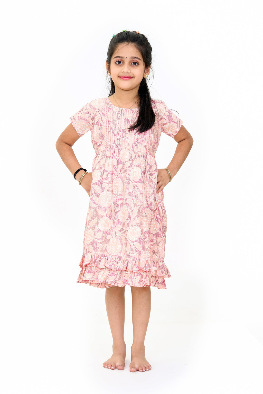 The Nesavu Girls Cotton Frock Lightweight Pink Cotton Summer Frock for Girls with Floral Print and Ruffled Sleeves Nesavu 16 (1Y) / Pink GFC1594A-16 Nesavu Lightweight Pink Cotton Summer Frock Girls Floral Print Ruffled Sleeves