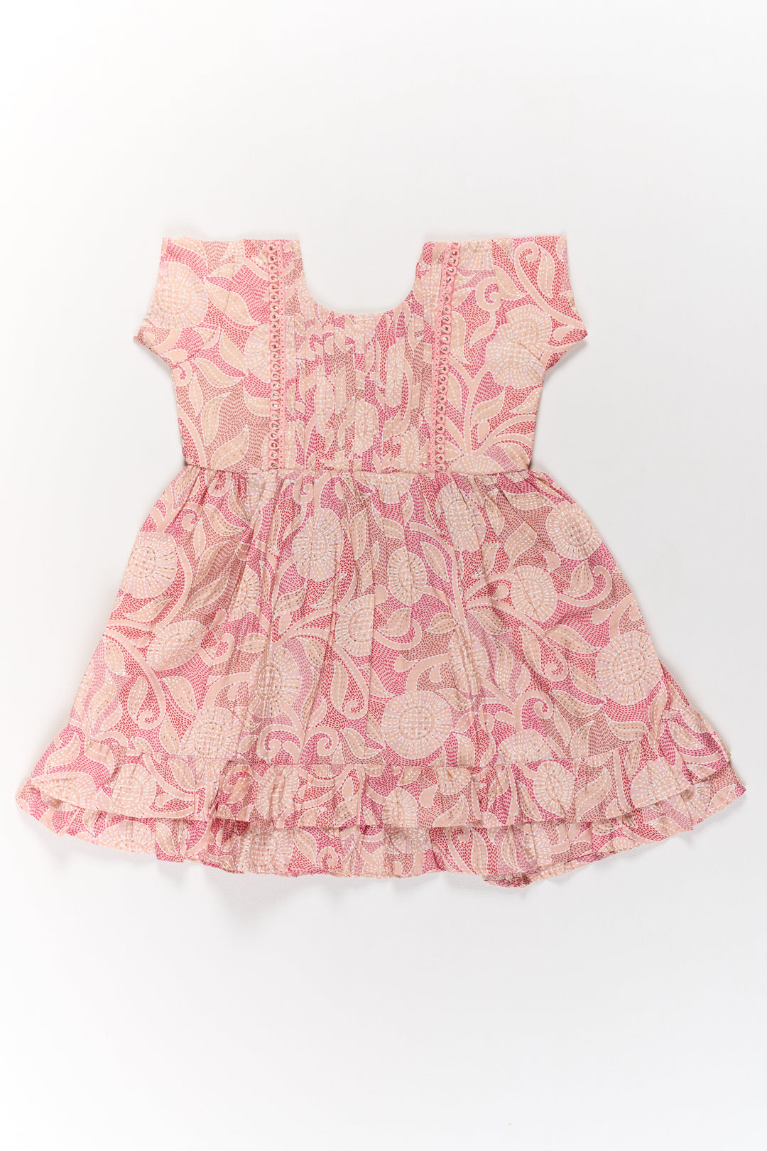 The Nesavu Girls Cotton Frock Lightweight Pink Cotton Summer Frock for Girls with Floral Print and Ruffled Sleeves Nesavu Nesavu Lightweight Pink Cotton Summer Frock Girls Floral Print Ruffled Sleeves