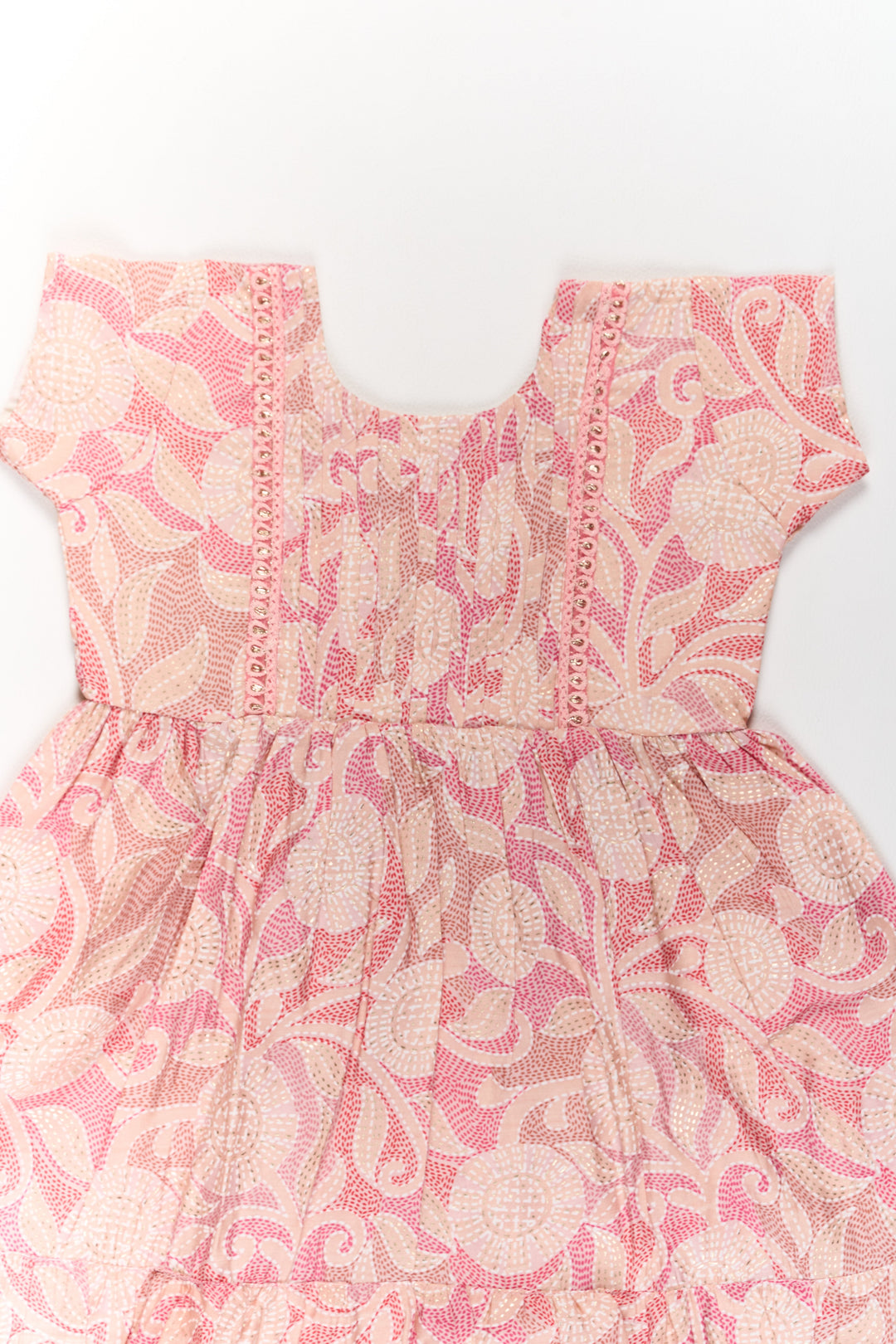 The Nesavu Girls Cotton Frock Lightweight Pink Cotton Summer Frock for Girls with Floral Print and Ruffled Sleeves Nesavu Nesavu Lightweight Pink Cotton Summer Frock Girls Floral Print Ruffled Sleeves