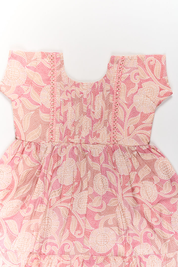 The Nesavu Girls Cotton Frock Lightweight Pink Cotton Summer Frock for Girls with Floral Print and Ruffled Sleeves Nesavu Nesavu Lightweight Pink Cotton Summer Frock Girls Floral Print Ruffled Sleeves