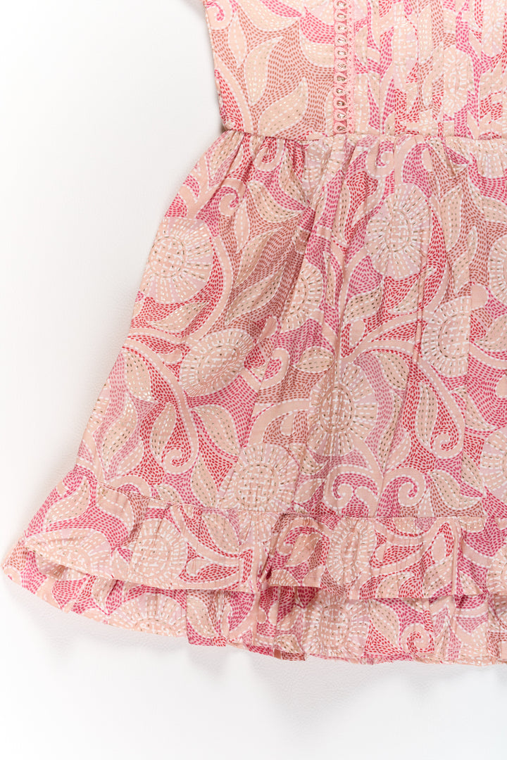 The Nesavu Girls Cotton Frock Lightweight Pink Cotton Summer Frock for Girls with Floral Print and Ruffled Sleeves Nesavu Nesavu Lightweight Pink Cotton Summer Frock Girls Floral Print Ruffled Sleeves