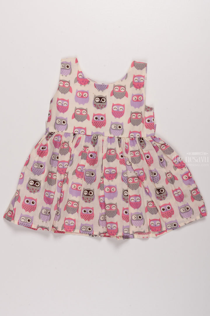The Nesavu Baby Cotton Frocks Lilac Dreams: Soft-Toned Owl Patterned Baby Cotton Frock Nesavu 12 (3M) / White / Cotton BFJ488D-12 Handpicked Baby Girl Frock Styles | Trendy and Comfortable Dresses | The Nesavu