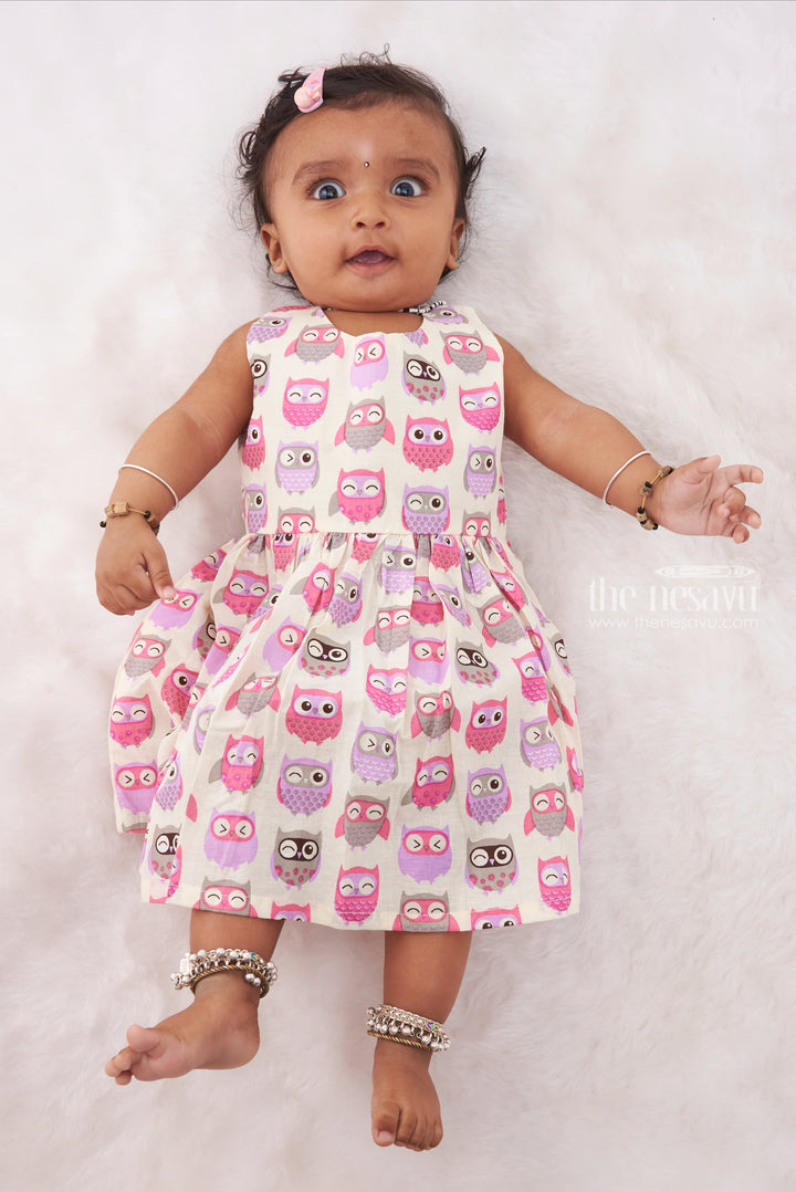 The Nesavu Baby Cotton Frocks Lilac Dreams: Soft-Toned Owl Patterned Baby Cotton Frock Nesavu 12 (3M) / White / Cotton BFJ488D-12 Handpicked Baby Girl Frock Styles | Trendy and Comfortable Dresses | The Nesavu