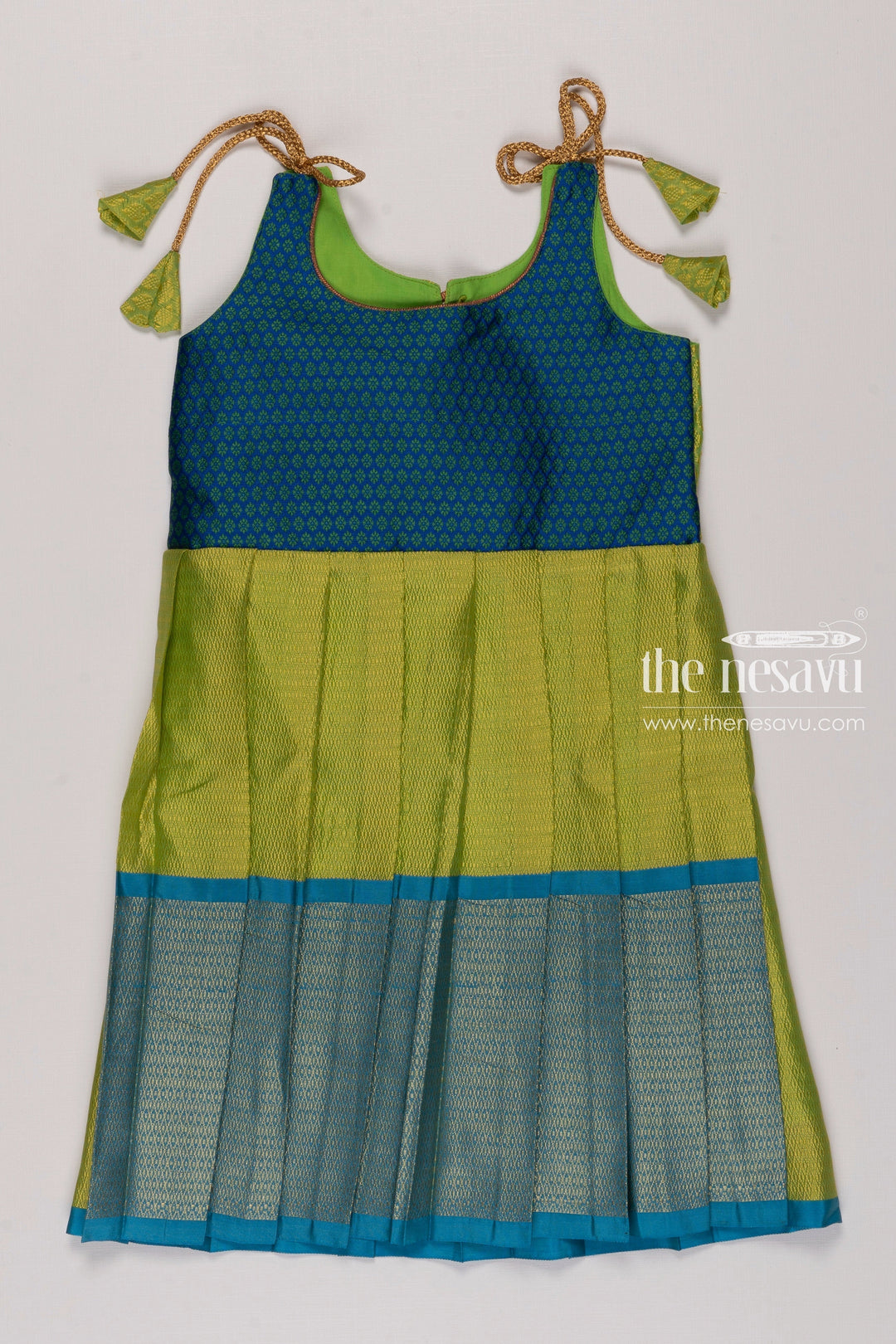 The Nesavu Tie-up Frock Lime Green and Ocean Blue Silk TieUp Infant Frock Nesavu 16 (1Y) / Green / Blend Silk T282A-16 Lime Green Ocean Blue Silk Dress | Festive Tie Up Silk Frock | The Nesavu
