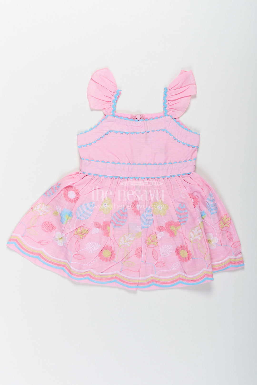 The Nesavu Baby Cotton Frocks Little Baby Frock in Pink Cotton with Multicolor Thread Embroidered Floral Bottom Nesavu 14 (6M) / Pink BFJ768B-14 Nesavu Little Baby Frock Pink Cotton Multicolor Thread Embroidered Hem