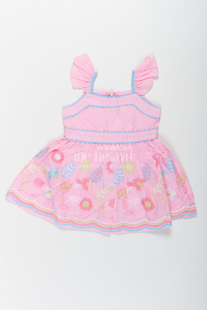 The Nesavu Baby Cotton Frocks Little Baby Frock in Pink Cotton with Multicolor Thread Embroidered Floral Bottom Nesavu 14 (6M) / Pink BFJ768B-14 Nesavu Little Baby Frock Pink Cotton Multicolor Thread Embroidered Hem