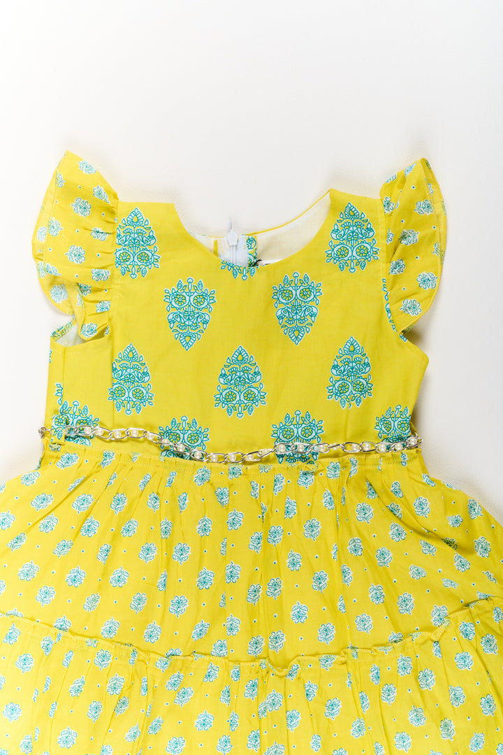 The Nesavu Girls Cotton Frock Long Frock Cotton Dress for Girls with Traditional Print and Ruffled Details Nesavu Nesavu Long Frock Cotton Dress Girls Yellow Blue Traditional Prints