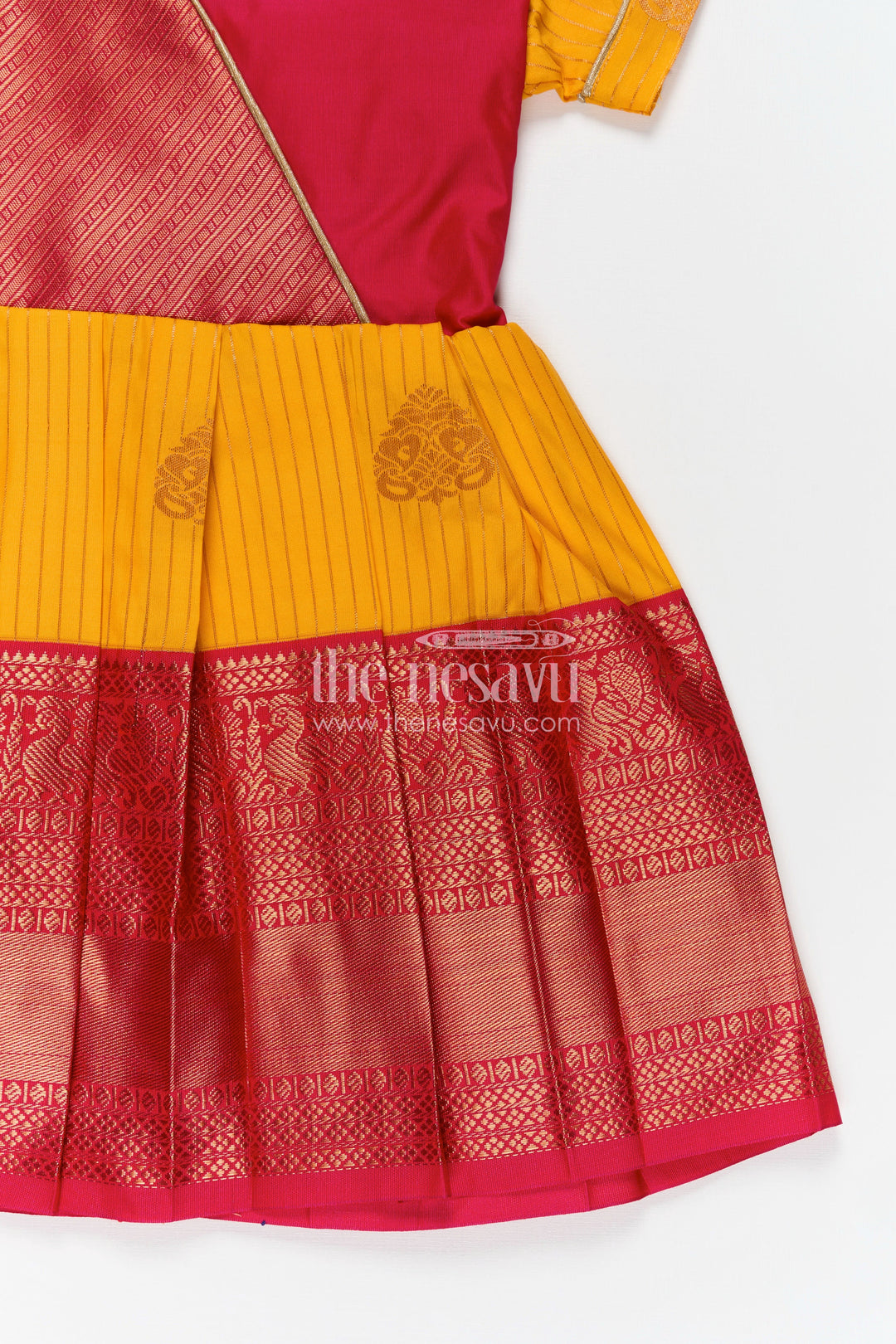 The Nesavu Girls Kanchi Silk Frock Long Frock Design for Girls in Kanchi Silk with Contrast Yoke and Traditional Zari Border Nesavu Nesavu Long Frock Design for Girls in Kanchi Silk with Zari Border and Traditional Puff Sleeves