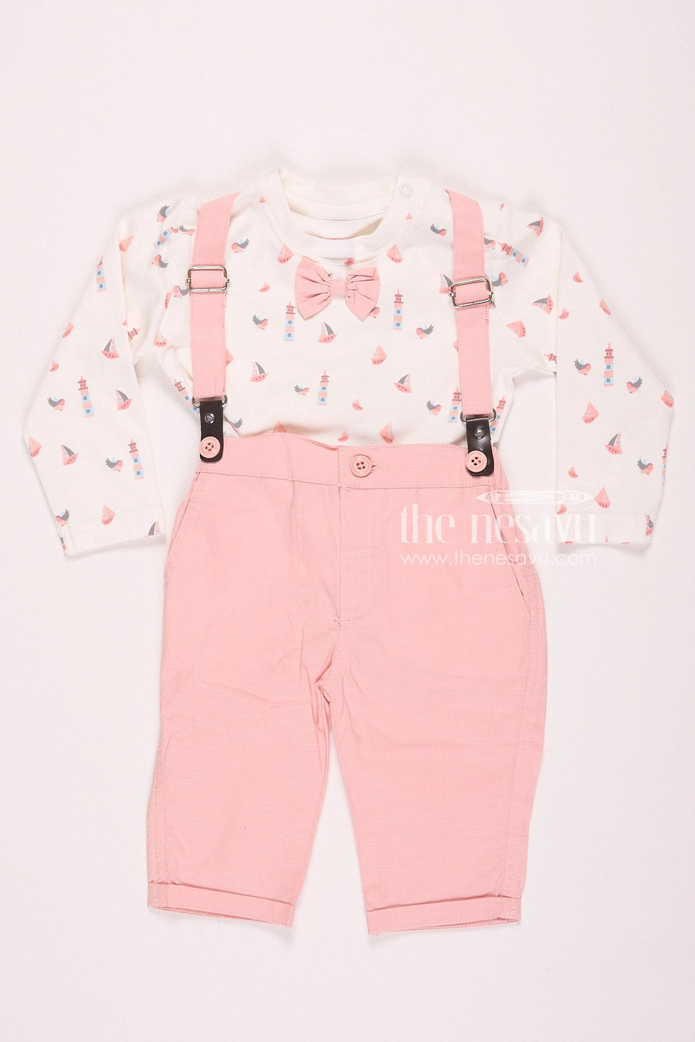 The Nesavu Baby Rompers/Onesies Long Sleeve Pink Suspender Baby Boy Romper Set Nesavu 10 (NB) / Peach BCS051A-10 Long Sleeve Pink Suspender Baby Boy Romper Set - Cute & Stylish