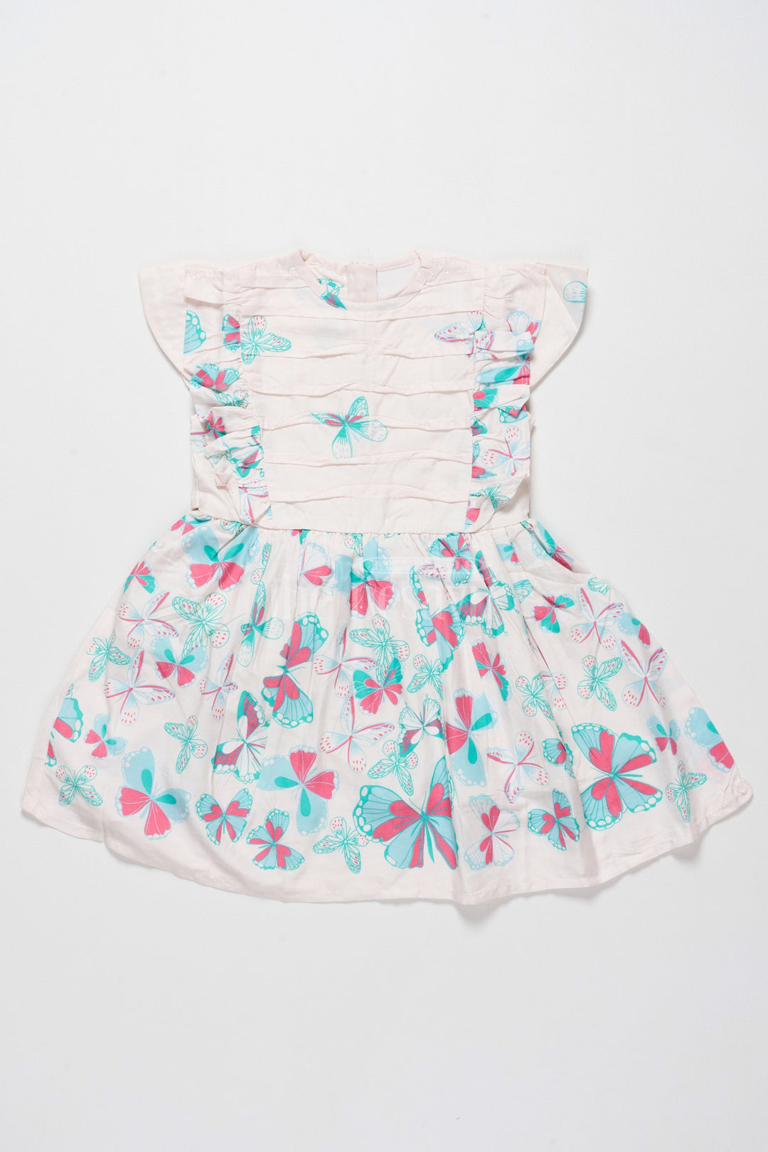The Nesavu Girls Cotton Frock Lovely Cotton Frock for Girls with Butterfly Print and Ruffle Sleeves – Ideal for Stylish Outings Nesavu 22 (4Y) / Multicolor GFC1488A-22 Nesavu Cotton Frock Girls Butterfly Print Ruffle Sleeves  Stylish Comfortable