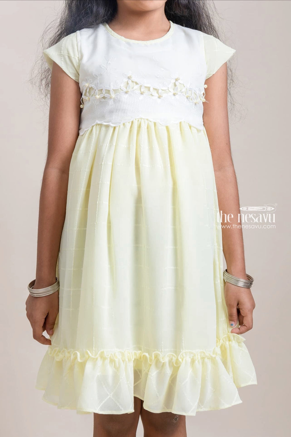 The Nesavu Girls Fancy Frock Lovely Floral Embroidery Design In Georgette Yellow Frock For Baby Girls Nesavu Premium Cotton Dress For Girls | Latest Cotton Dresses | The Nesavu