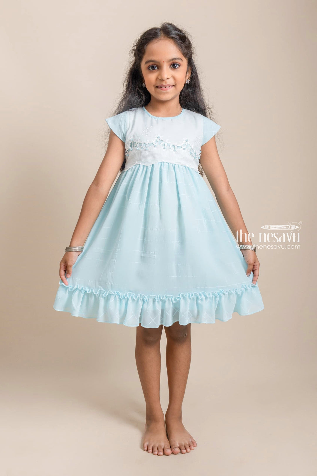 The Nesavu Girls Fancy Frock Lovely Floral Embroidery Design With Lace Blue Frock For Baby Girls Nesavu 16 (1Y) / Blue / Crepe GFC1031C-16 Premium Cotton Dress For Girls | Latest Cotton Dresses | The Nesavu