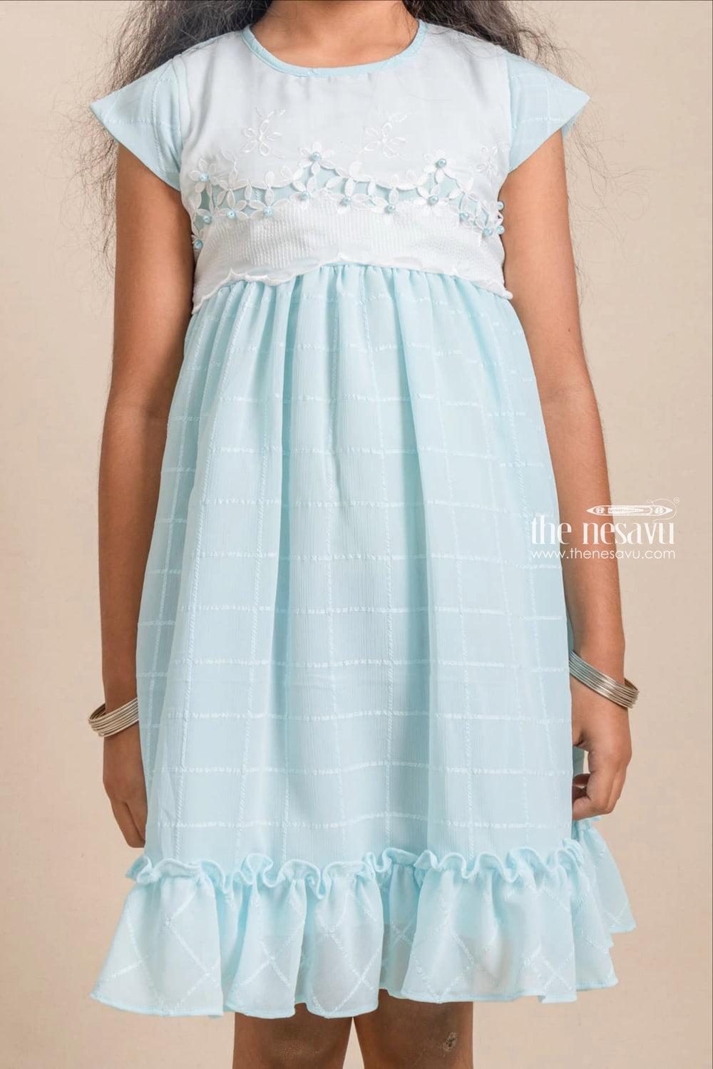 The Nesavu Girls Fancy Frock Lovely Floral Embroidery Design With Lace Blue Frock For Baby Girls Nesavu Premium Cotton Dress For Girls | Latest Cotton Dresses | The Nesavu