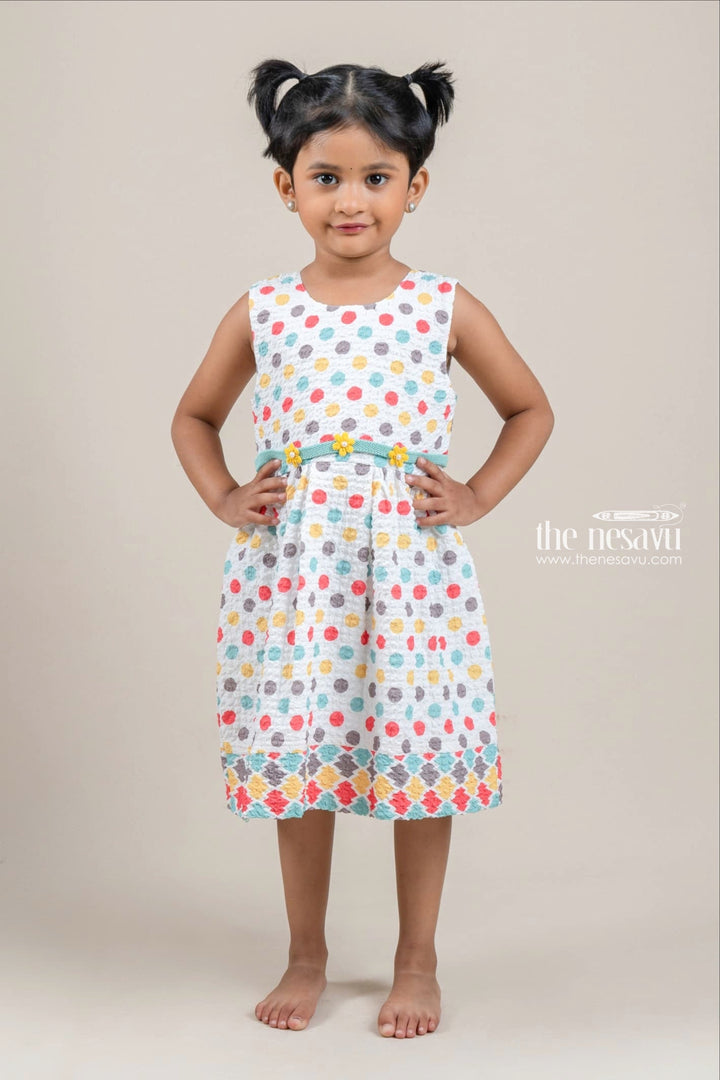 The Nesavu Baby Fancy Frock Lovely Multicolored Polka Dot Printed White Baby Frock With Embellished Green Floral Belt Nesavu 14 (6M) / White / Poly Crepe BFJ393A-14 Attractive Frock Dress For Dress | Frock For Party | The Nesavu