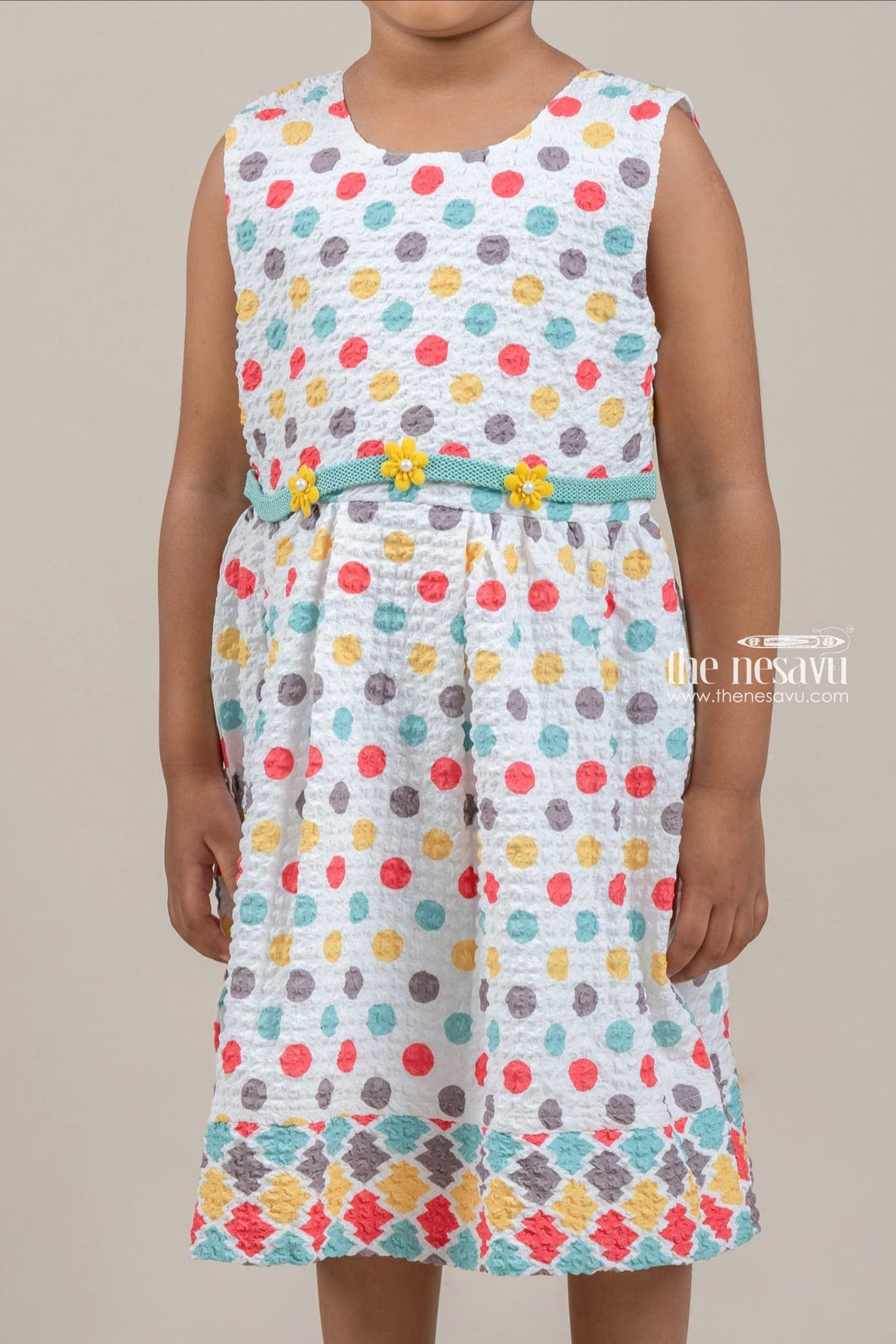 The Nesavu Baby Fancy Frock Lovely Multicolored Polka Dot Printed White Baby Frock With Embellished Green Floral Belt Nesavu Attractive Frock Dress For Dress | Frock For Party | The Nesavu