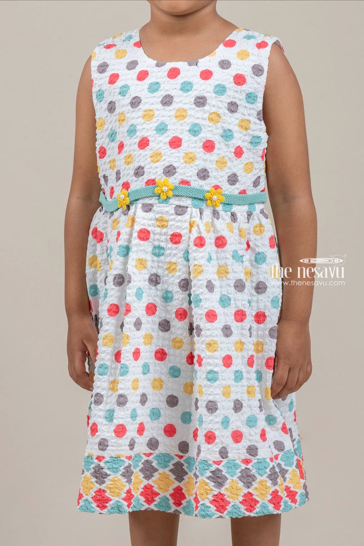 The Nesavu Baby Fancy Frock Lovely Multicolored Polka Dot Printed White Baby Frock With Embellished Green Floral Belt Nesavu Attractive Frock Dress For Dress | Frock For Party | The Nesavu