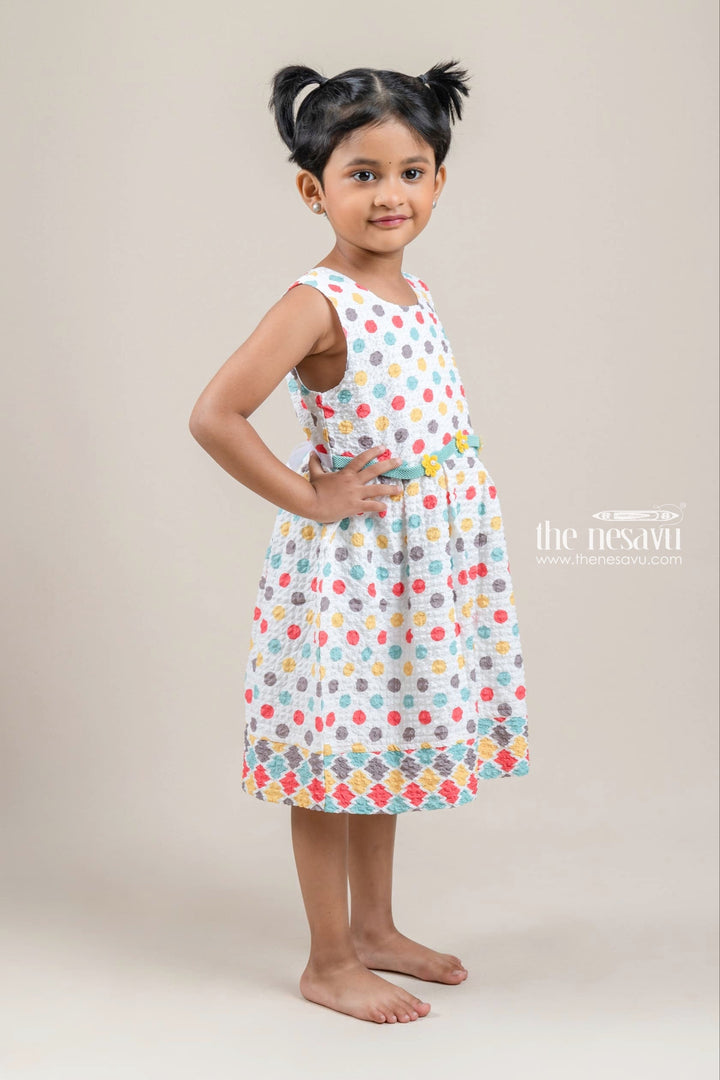 The Nesavu Baby Fancy Frock Lovely Multicolored Polka Dot Printed White Baby Frock With Embellished Green Floral Belt Nesavu Attractive Frock Dress For Dress | Frock For Party | The Nesavu