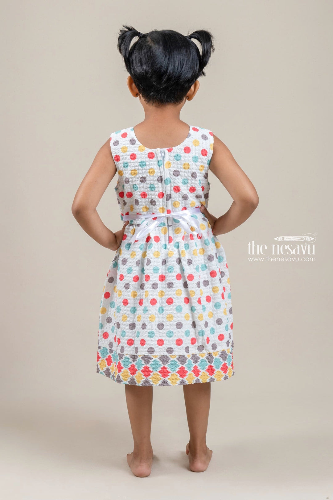 The Nesavu Baby Fancy Frock Lovely Multicolored Polka Dot Printed White Baby Frock With Embellished Green Floral Belt Nesavu Attractive Frock Dress For Dress | Frock For Party | The Nesavu