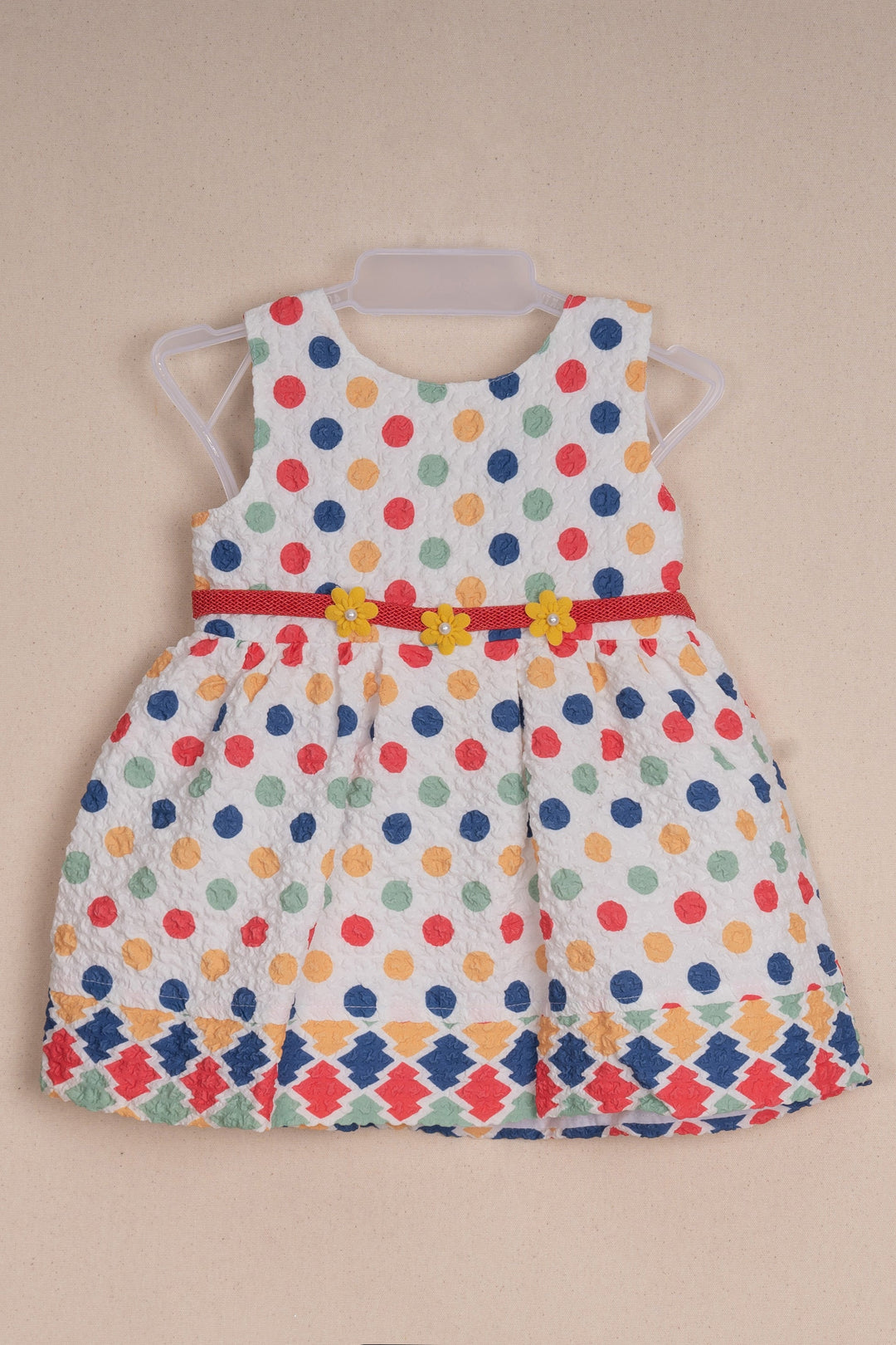 The Nesavu Baby Fancy Frock Lovely Multicolored Polka Dot Printed White Baby Frock With Embellished Red Floral Belt Nesavu 14 (6M) / White / Cotton Blend BFJ393B-14 Attractive Frock Dress For Dress | Frock For Party | The Nesavu