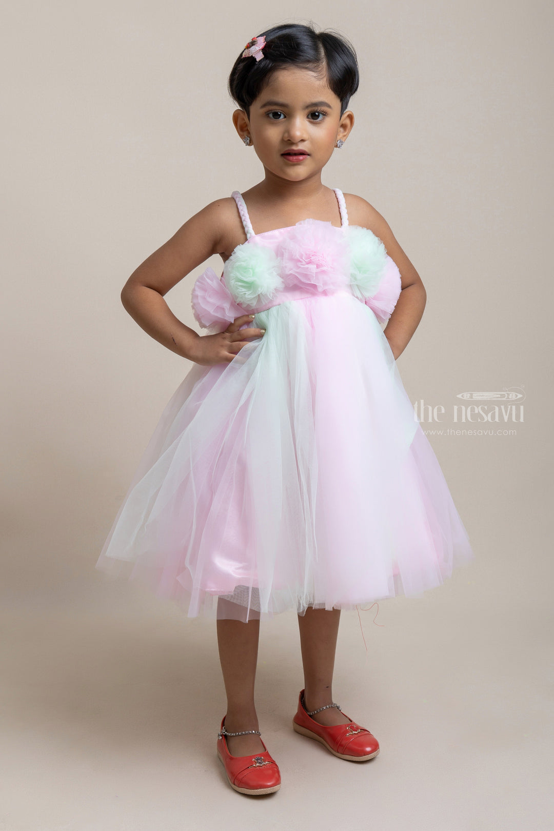 The Nesavu Girls Tutu Frock Lovely Pink And Green Puffed Floral Crafted Party Frock For First Birthday Nesavu 16 (1Y) / Pink PF116A-16 Lovely Pink Party Frock For Girls | Premium collection | The Nesavu