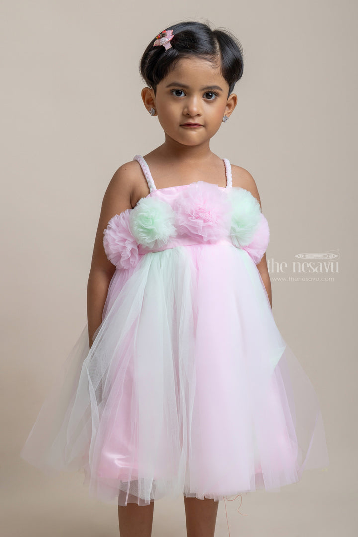 The Nesavu Girls Tutu Frock Lovely Pink And Green Puffed Floral Crafted Party Frock For First Birthday Nesavu Lovely Pink Party Frock For Girls | Premium collection | The Nesavu