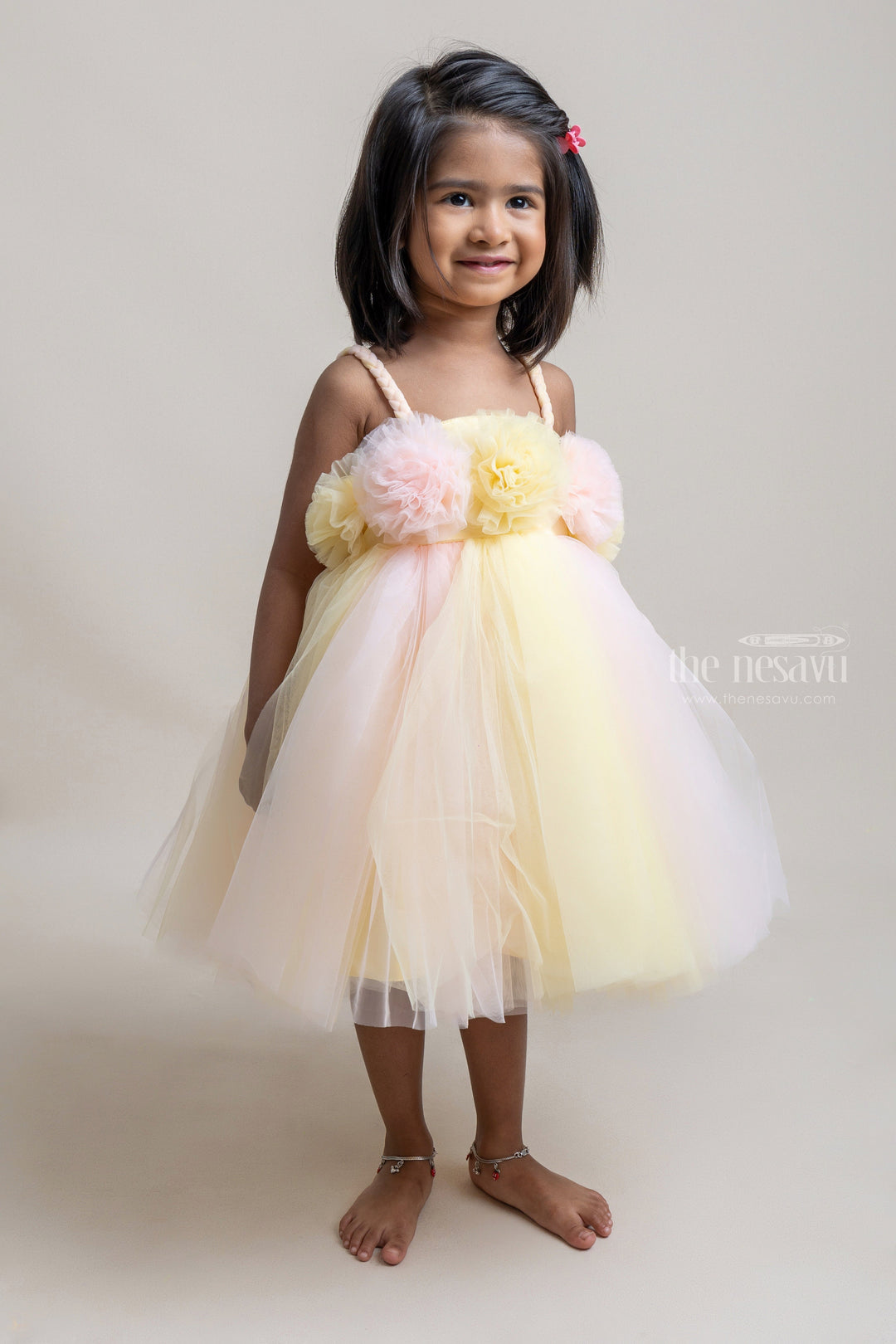 The Nesavu Girls Tutu Frock Lovely Pink And Yellow Puffed Floral Crafted Party Frock For Birthday Party Nesavu 16 (1Y) / Yellow PF116B-16 Lovely Pink Party Frock For Girls | Premium collection | The Nesavu