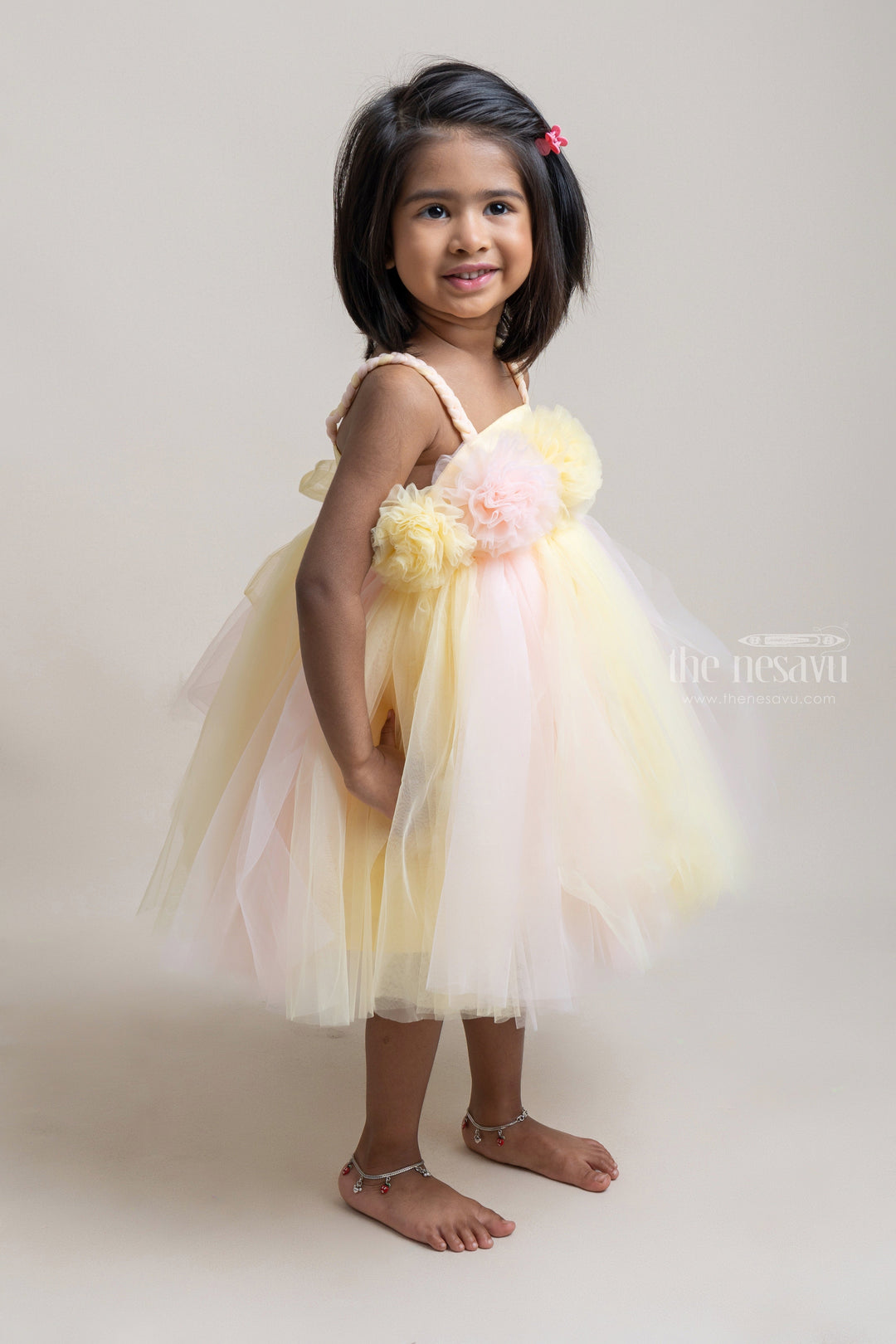 The Nesavu Girls Tutu Frock Lovely Pink And Yellow Puffed Floral Crafted Party Frock For Birthday Party Nesavu Lovely Pink Party Frock For Girls | Premium collection | The Nesavu