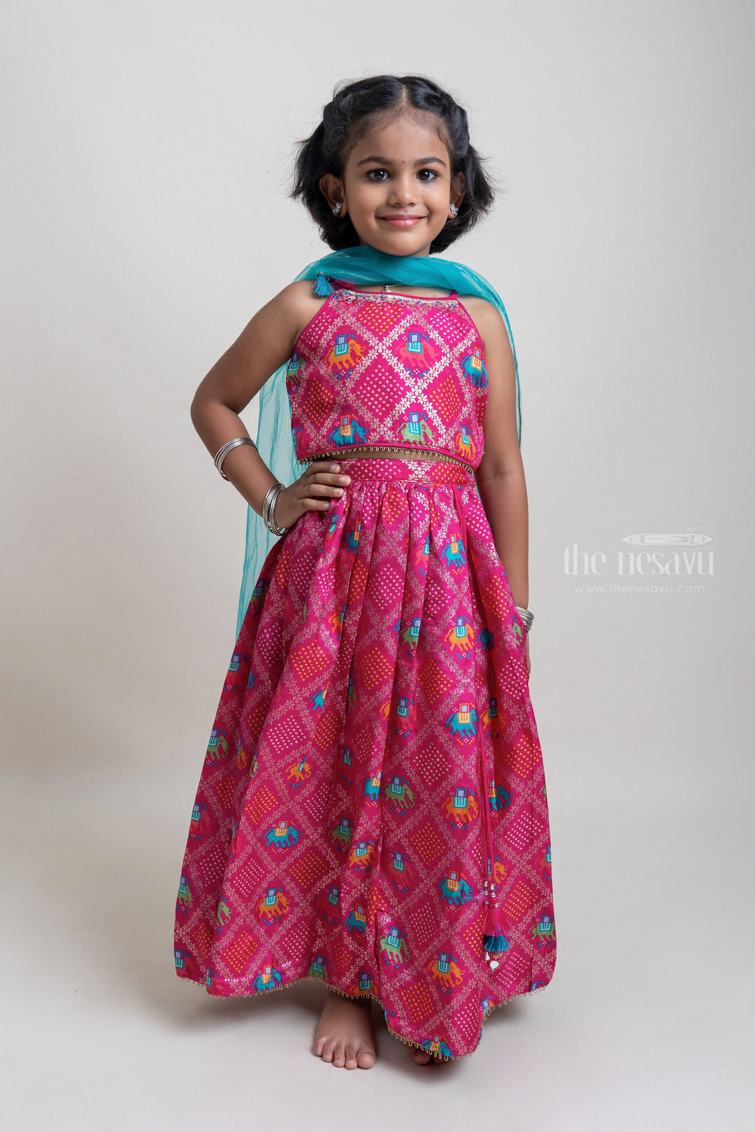 The Nesavu Lehenga & Ghagra Lovely Pink Animal Printed Patola Choli Set For Young Girls Nesavu 18 (2Y) / Pink / Raw Silk GL313 Festive Collection For Girls | Latest Lehanga Design | The Nesavu
