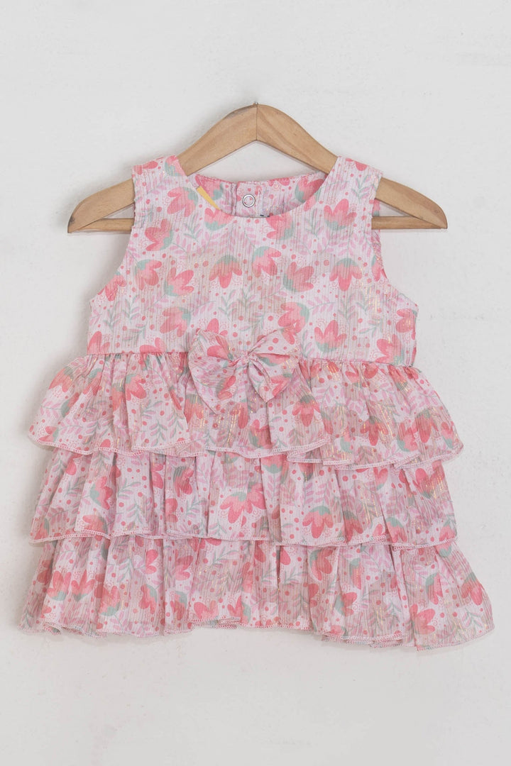 The Nesavu Baby Fancy Frock Lovely Pink Floral Printed Sleeveless Layer Frock With Bow Appliques For Girls Nesavu 12 (3M) / Pink / Cotton Blend BFJ356A-12 Party wear cotton frocks for babies | Ethnic Wear For Girls | The Nesavu
