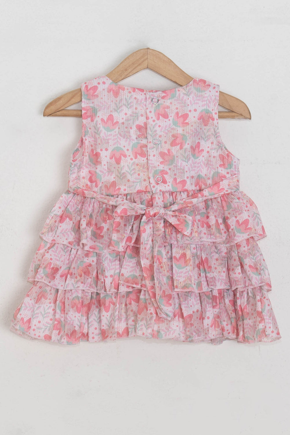 The Nesavu Baby Fancy Frock Lovely Pink Floral Printed Sleeveless Layer Frock With Bow Appliques For Girls Nesavu Party wear cotton frocks for babies | Ethnic Wear For Girls | The Nesavu