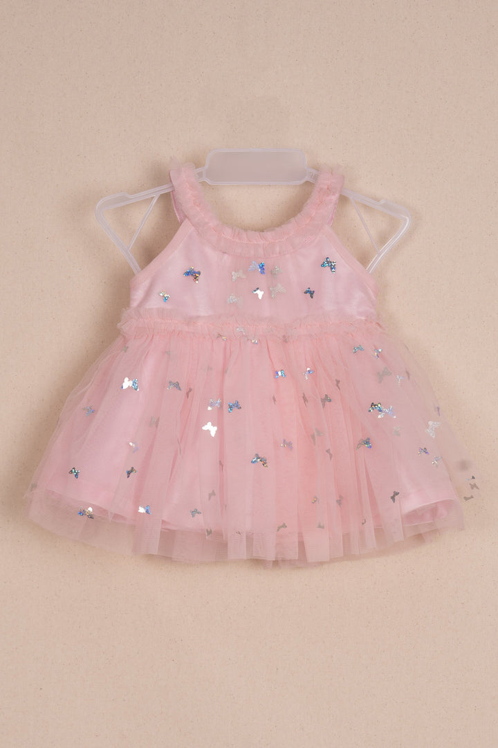 The Nesavu Baby Tutu Frock Lovely Pink Glitter Butterfly Design Sequin Embosed Party Frock For Baby Girls Nesavu 12 (3M) / Pink / Net BFJ385A-12 Printed Floral Tops | Latest Baby Frock Design | The Nesavu