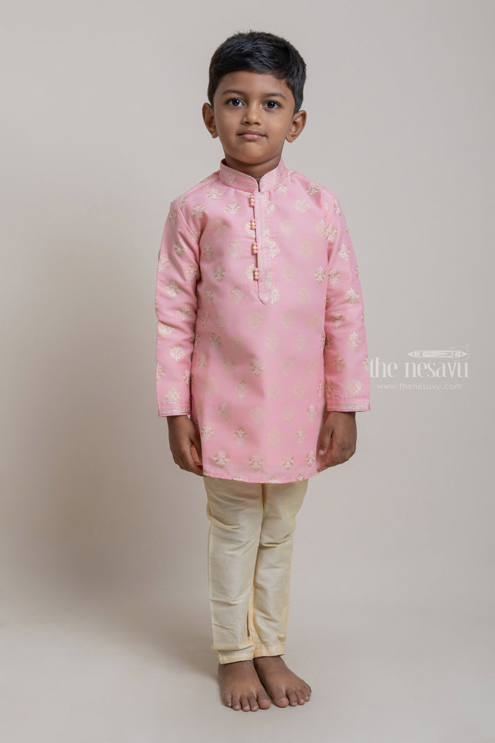 The Nesavu Boys Kurtha Set Lovely Salmon Pink Butta Designed Kurta With Beige Pant For Boys Nesavu 12 (3M) / Salmon / Silk Blend BES240C Premium Kurta Set For Boys | Latest Boys Dresses | The Nesavu