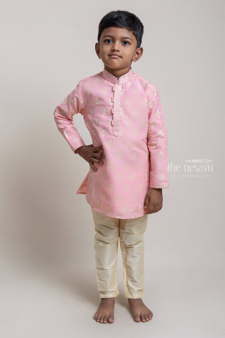 The Nesavu Boys Kurtha Set Lovely Salmon Pink Butta Designed Kurta With Beige Pant For Boys Nesavu Premium Kurta Set For Boys | Latest Boys Dresses | The Nesavu