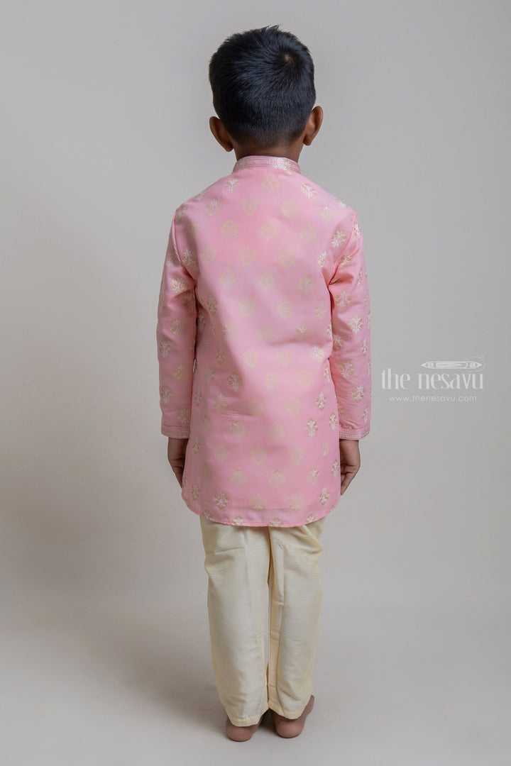 The Nesavu Boys Kurtha Set Lovely Salmon Pink Butta Designed Kurta With Beige Pant For Boys Nesavu Premium Kurta Set For Boys | Latest Boys Dresses | The Nesavu