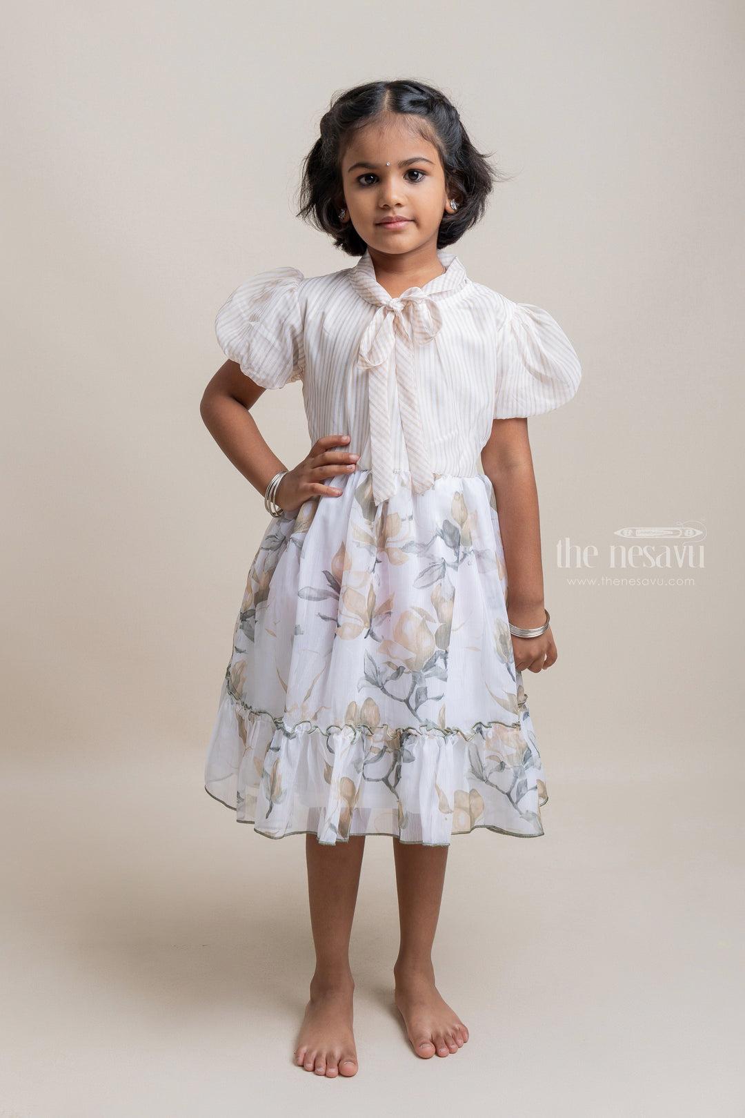 The Nesavu Girls Fancy Frock Lovely Yellow Floral Printed Georgette Casual Wear Party Frock For Girls Nesavu Fancy Floral Printed Frock For Girls | Premium Cotton Frock | The Nesavu