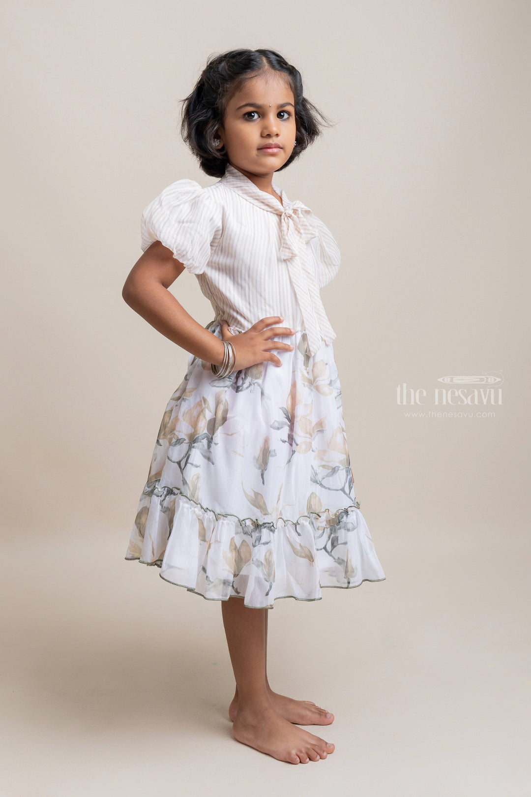 The Nesavu Girls Fancy Frock Lovely Yellow Floral Printed Georgette Casual Wear Party Frock For Girls Nesavu Fancy Floral Printed Frock For Girls | Premium Cotton Frock | The Nesavu