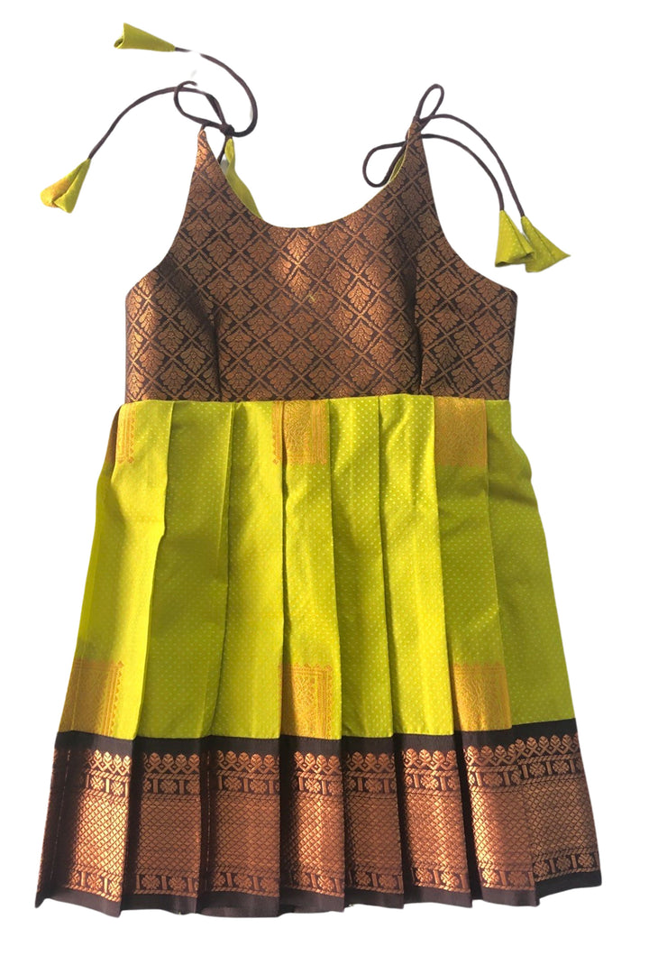 The Nesavu Tie Up Frock Luminous Chartreuse Silk Tie-Up Frock with Cocoa Print – Bold & Beautiful Festive Wear Nesavu 14 (6M) / Green / Style 3 T320C-14 Chartreuse & Cocoa Silk Frock | Bold Festive Tie-Up Dress | The Nesavu