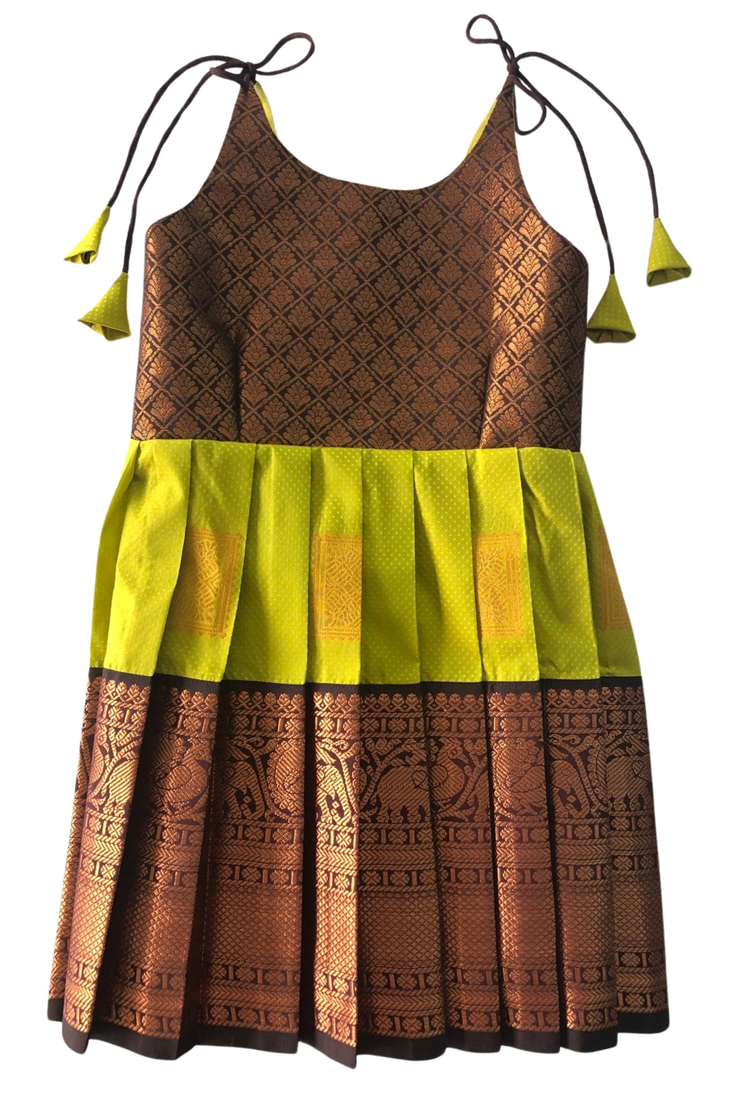 The Nesavu Tie Up Frock Luminous Chartreuse Silk Tie-Up Frock with Cocoa Print – Bold & Beautiful Festive Wear Nesavu 18 (2Y) / Green / Style 1 T320A-18 Chartreuse & Cocoa Silk Frock | Bold Festive Tie-Up Dress | The Nesavu