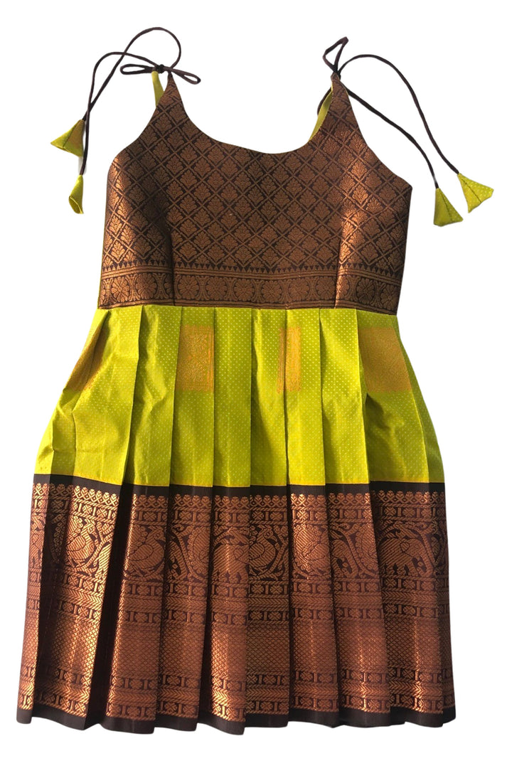 The Nesavu Tie Up Frock Luminous Chartreuse Silk Tie-Up Frock with Cocoa Print – Bold & Beautiful Festive Wear Nesavu 20 (3Y) / Green / Style 2 T320B-20 Chartreuse & Cocoa Silk Frock | Bold Festive Tie-Up Dress | The Nesavu