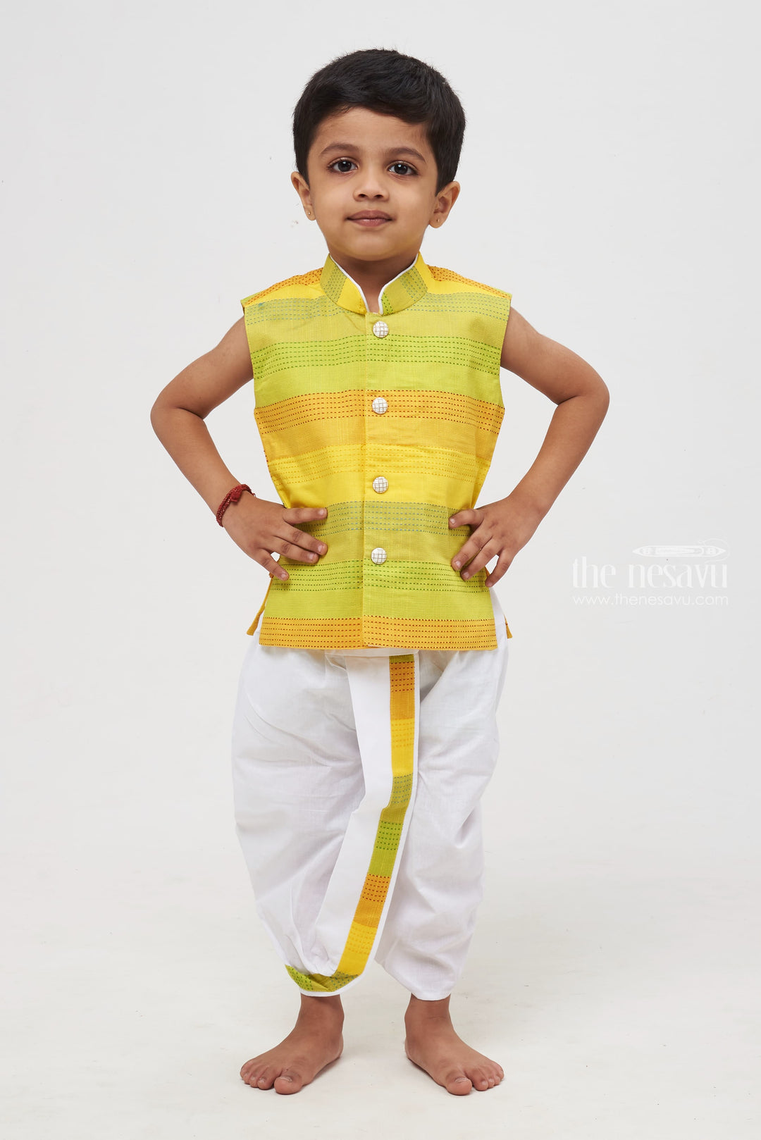 The Nesavu Boys Dothi Set Luminous Elegance: Gradient Green Striped Kurta Shirt & Panchagajam Set for Boys Nesavu 12 (3M) / Green / Modal BES406A-12 Boys Gradient Green Kurta Shirt and White Dhoti Panchagajam Set - Traditional Festive Wear