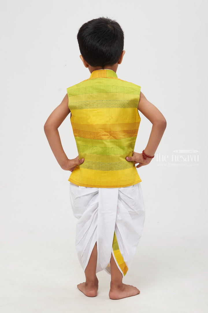 The Nesavu Boys Dothi Set Luminous Elegance: Gradient Green Striped Kurta Shirt & Panchagajam Set for Boys Nesavu Boys Gradient Green Kurta Shirt and White Dhoti Panchagajam Set - Traditional Festive Wear